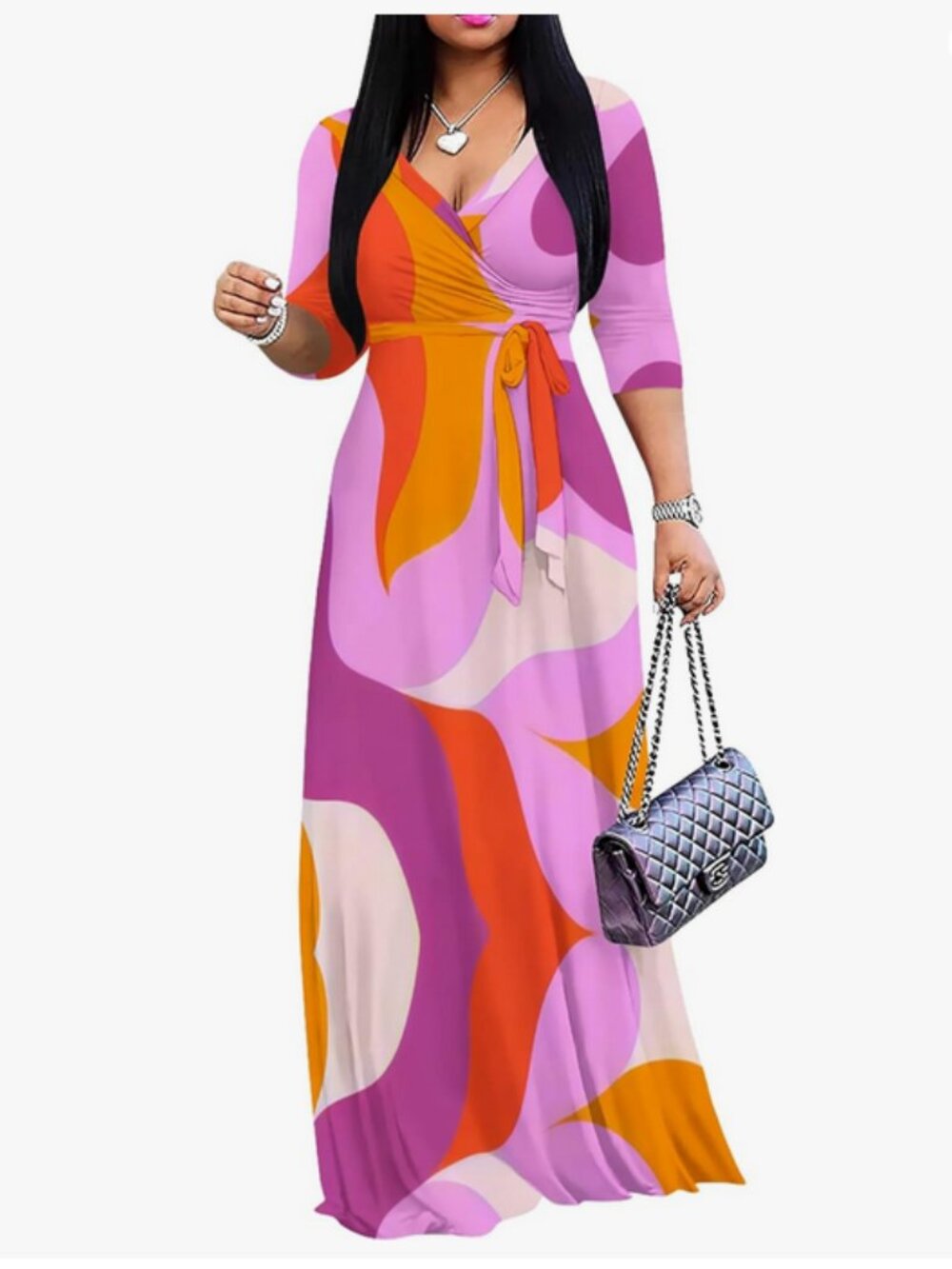 Vibrant Abstract Semi Wrap Maxi Dress - Pink, Orange & Purple, NWOT S